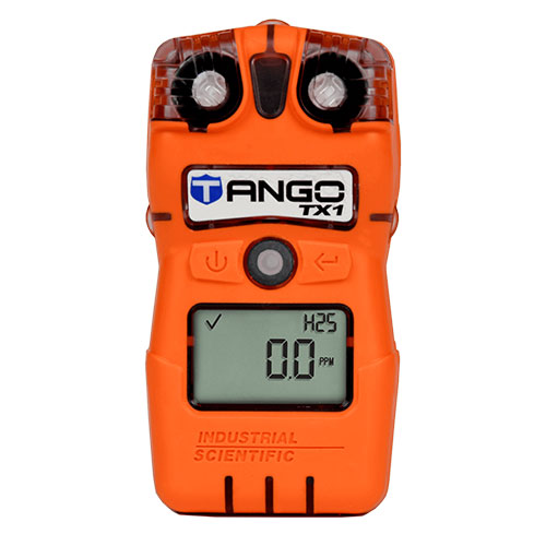 Detector de gás na cor laranja com 2 botões no centro e pequeno visor na parte inferior. Modelo: Tango TX1