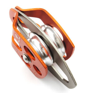 Polia Dupla em Aço com roldana dupla exterior na cor laranja e centro cromado